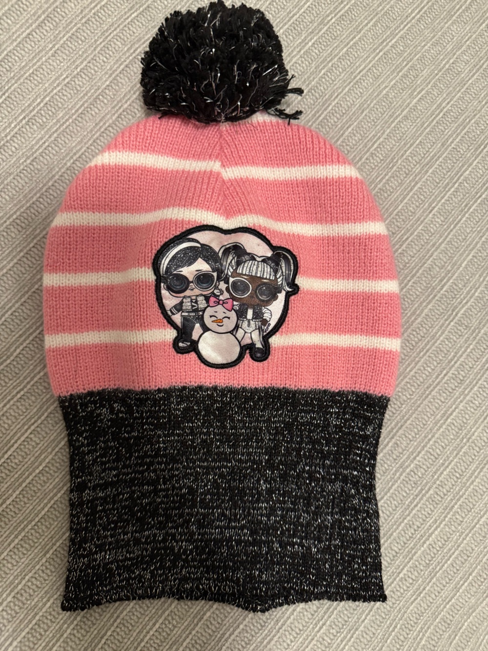 Kids Pink Stripe Beanie with Character Patch